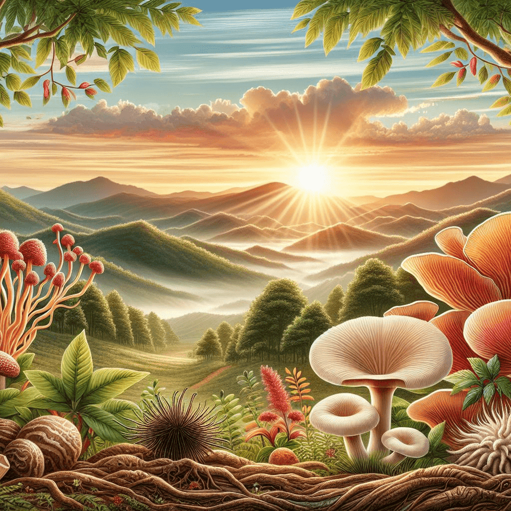 create a landscape image with 6 sugar coated gummy bears - each with colour red, blue, yellow individually - with a nature background including reishi, lions mane mushrooms , cordyceps and turkey tail mushrooms.