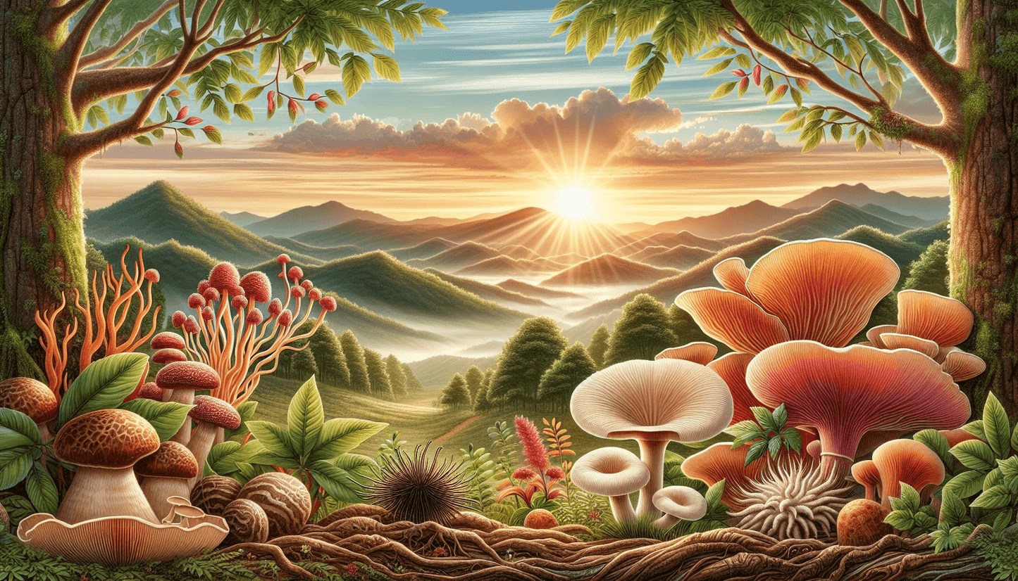 create a landscape image with 6 sugar coated gummy bears - each with colour red, blue, yellow individually - with a nature background including reishi, lions mane mushrooms , cordyceps and turkey tail mushrooms.